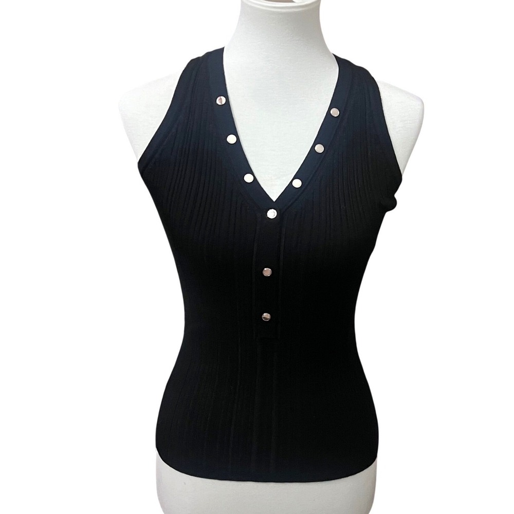 Packable Chic Fitted Sleeveless Sweater Elevate Style V-Neck Gold Button XS WHBM